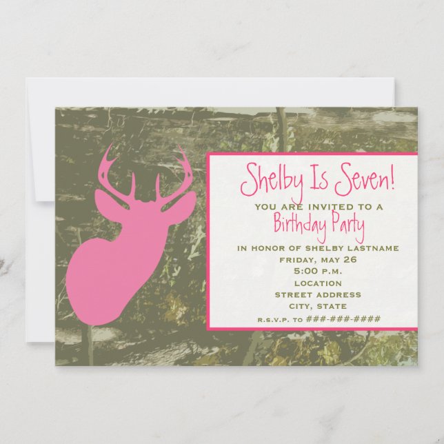 Camo & Pink Deer Head Birthday Party Invite (Front)
