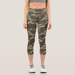Camo Print, Green Brown Camouflage Pattern Custom Capri Leggings