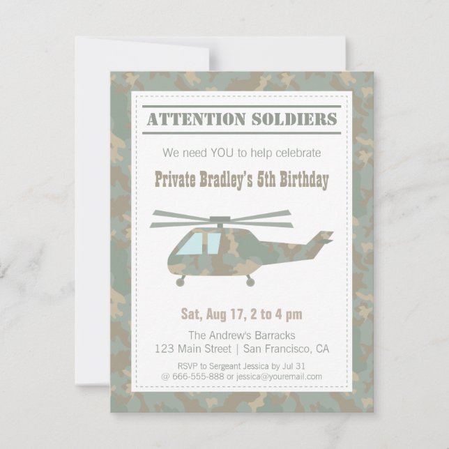 Camo Print Helicopter Army Boys Birthday Party Invitation (Front)