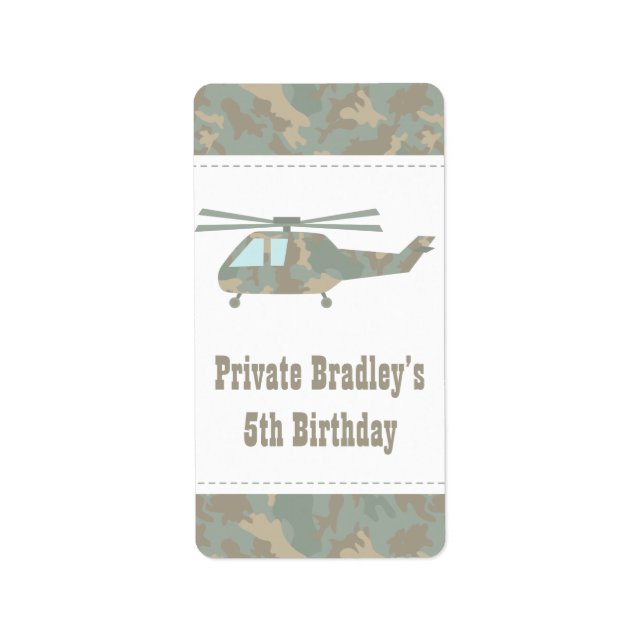 Camo Print Helicopter Army Boys Birthday Party Label (Front)