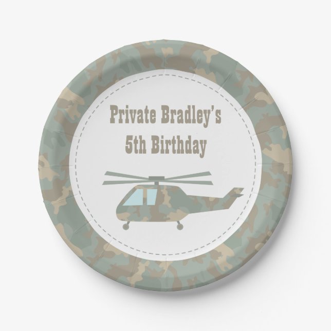 Camo Print Helicopter Army Boys Birthday Party Paper Plate (Front)