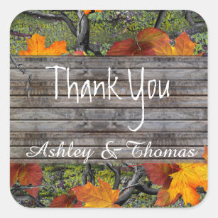 Camo Rustic Wood Fall Leaves Thank You Square Sticker