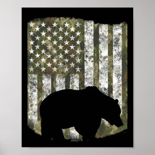 Camo Us Flag Bear Grizzly Camoflage Hunting Hunter Poster