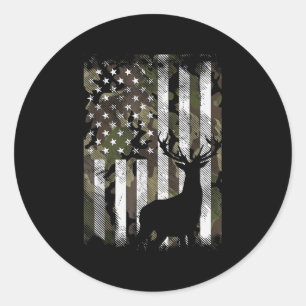 Camo US Flag Deer Elk Buck Camoflage Hunting Hunte Classic Round Sticker