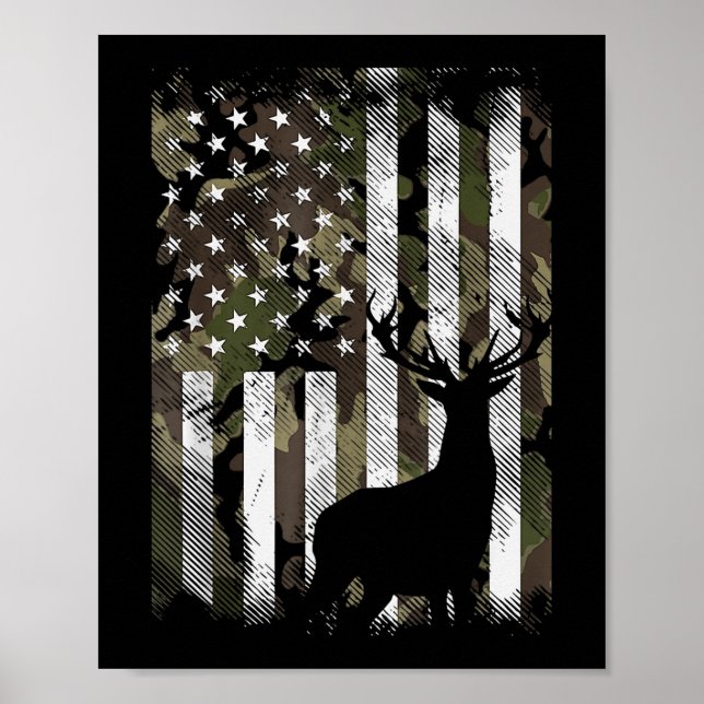 Camo US Flag Deer Elk Buck Camoflage Hunting Hunte Poster (Front)