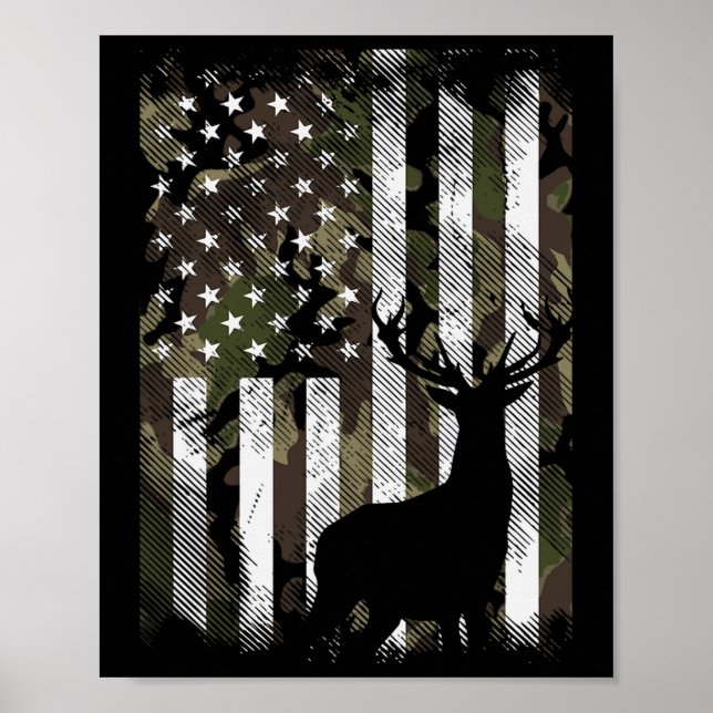 Camo Us Flag Deer Elk Buck Camoflage Hunting Hunte Poster (Front)