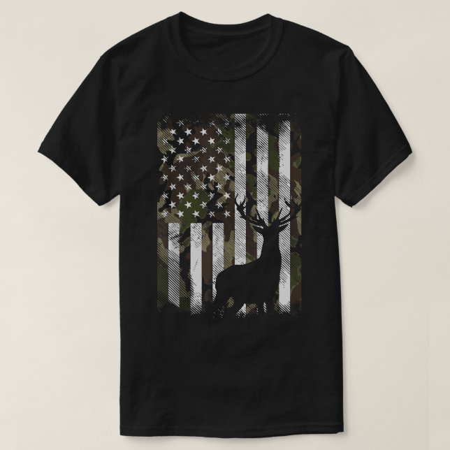 Camo US Flag Deer Elk Buck Camoflage Hunting Hunte T-Shirt (Design Front)