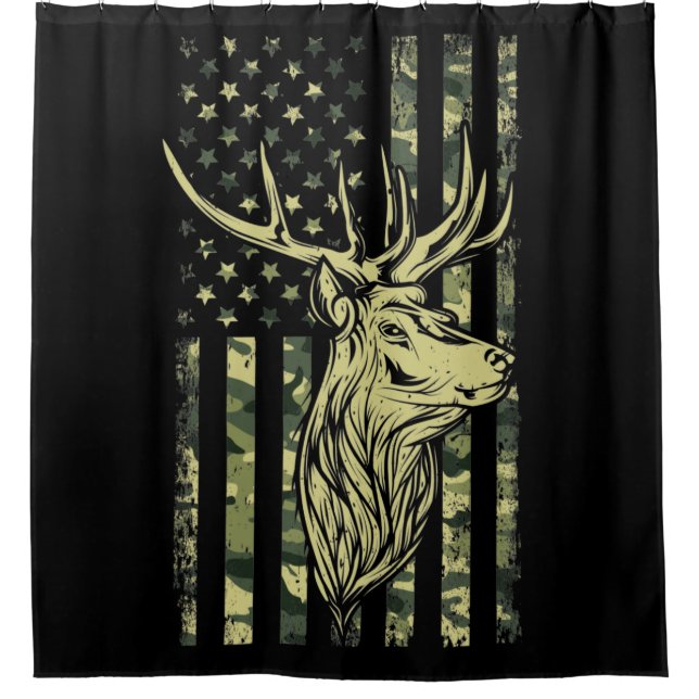 Camo US Flag Deer Elk Buck Camoflage Hunting Shower Curtain (Front)