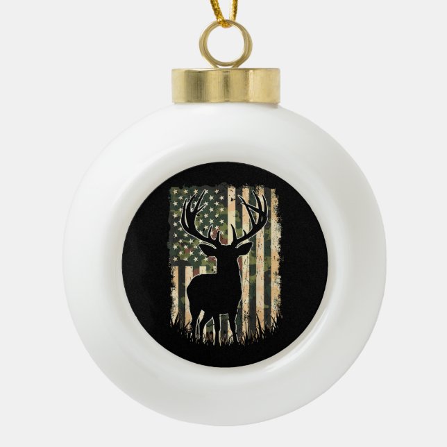 Camo US Flag Deer Hunting Camoflage Hunter Ceramic Ball Christmas Ornament (Front)