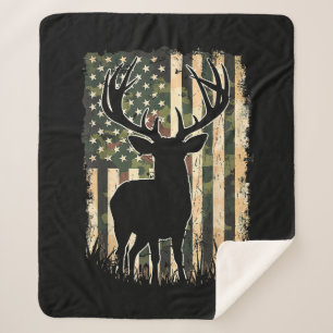 Camo US Flag Deer Hunting Camoflage Hunter Sherpa Blanket