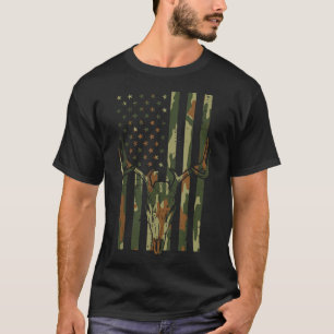 Camo Us Flag Deer Skull  T-Shirt