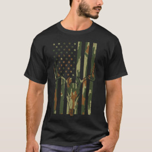 Camo US Flag Deer Skull Vintage Hunting Patriotic  T-Shirt