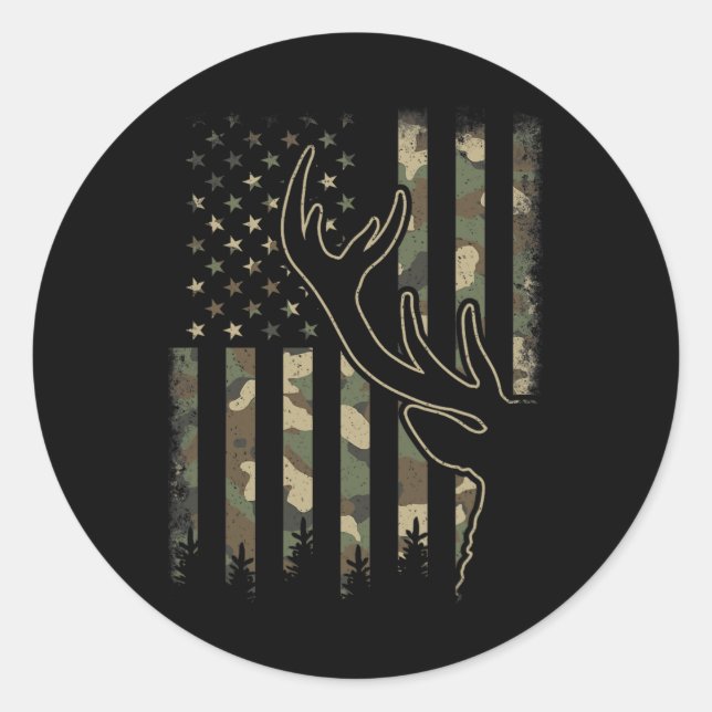 Camo Us Flag Elk Buck Camouflage Deer Hunting Hunt Classic Round Sticker (Front)