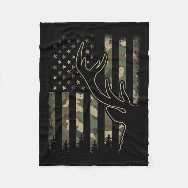 Camo Us Flag Elk Buck Camouflage Deer Hunting Hunt Fleece Blanket (Front)
