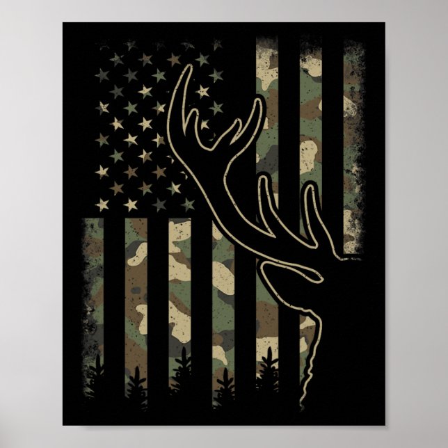 Camo Us Flag Elk Buck Camouflage Deer Hunting Hunt Poster (Front)