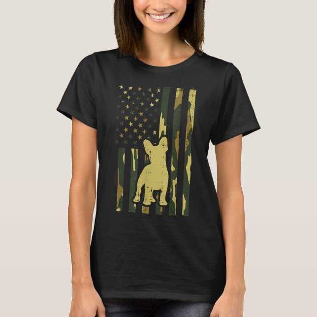 Camo US Flag French Bulldog Frenchie Patriot Dog L T-Shirt (Front)