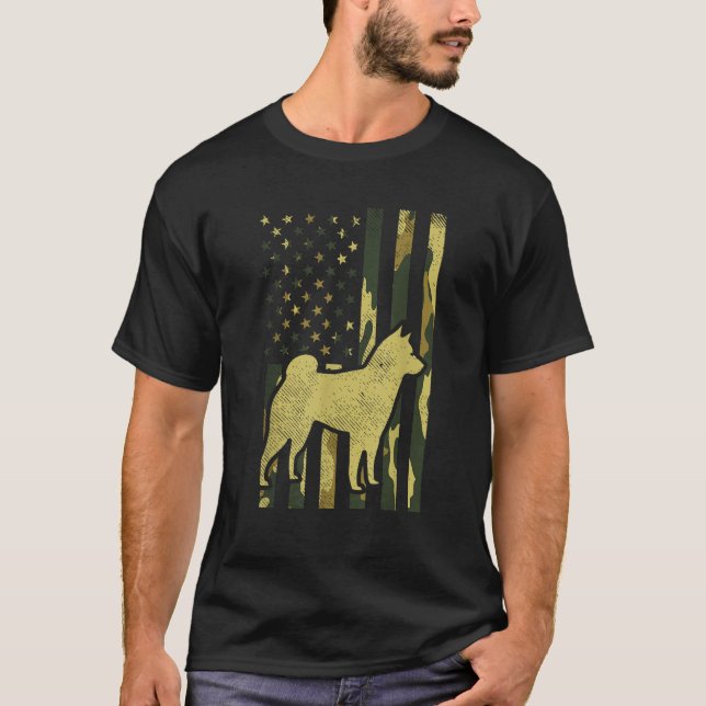 Camo US Flag Shiba Inu Akita Pet Japanese Dog Patr T-Shirt (Front)