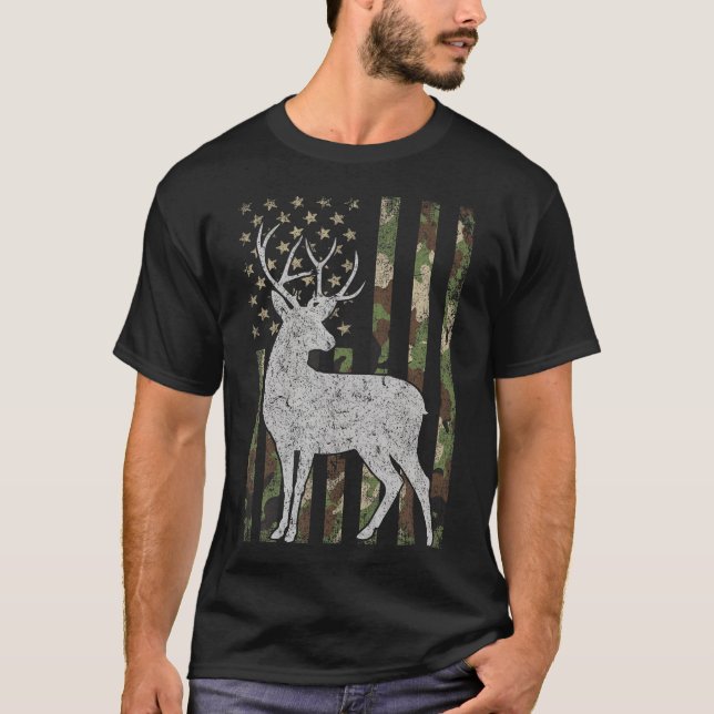 Camo Usa Flag Deer Elk Buck Camoflage Hunting Hunt T-Shirt (Front)