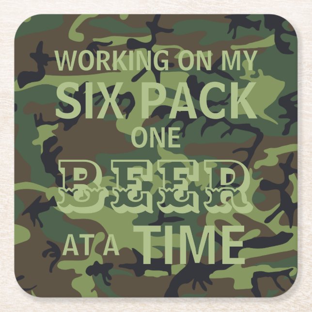 Camo Working On My Six Pack Square Paper Coaster (Front)