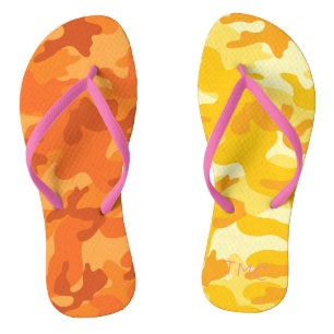 Camo Yellow Orange Pink Monogram Initials Mismatch Flip Flops