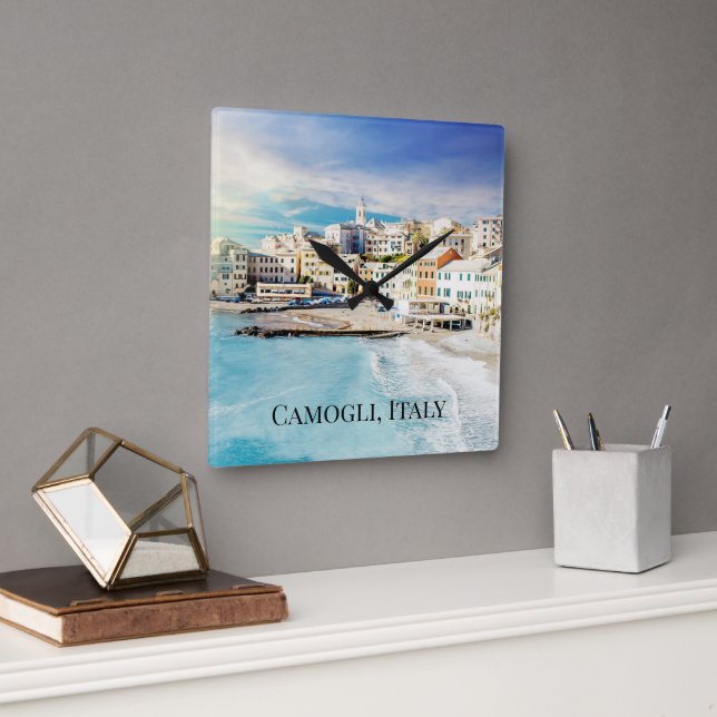 Camogli Italy Beach Ocean Mediterranean Painting  Square Wall Clock (Office)