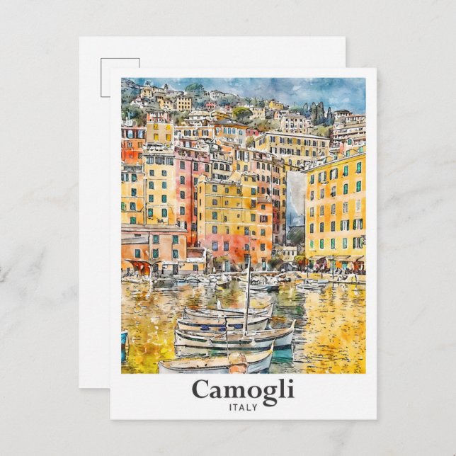 Camogli Italy Travel Watercolor Hand Drawn Postcard (Front/Back)