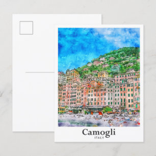 Camogli Italy Travel Watercolor Hand Drawn Postcard