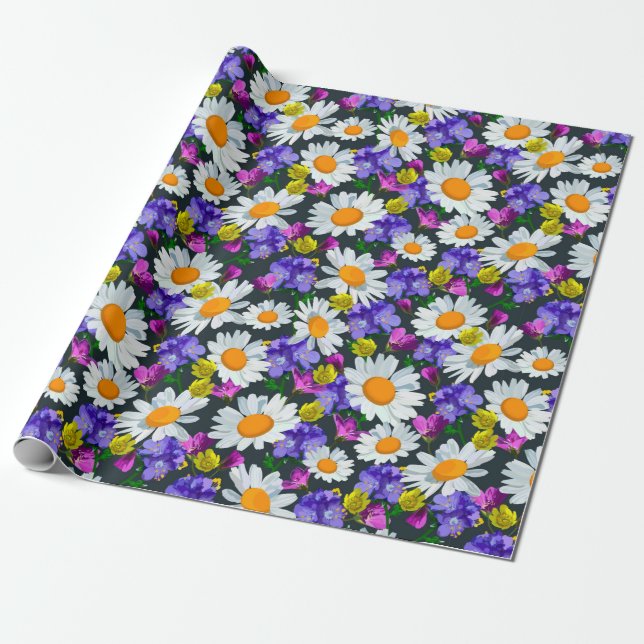Camomile and wild flowers seamless pattern wrapping paper (Unrolled)