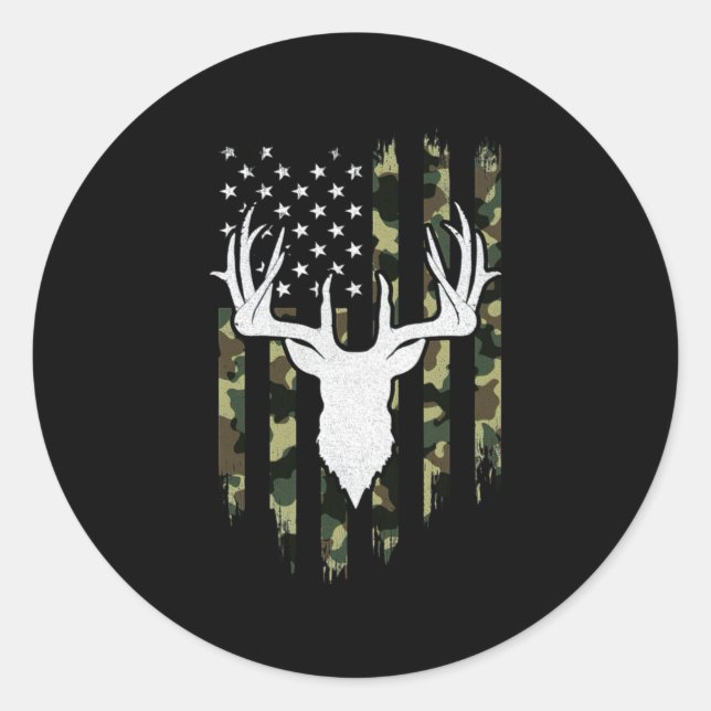 Camouflage American Flag Deer Hunting Classic Round Sticker (Front)