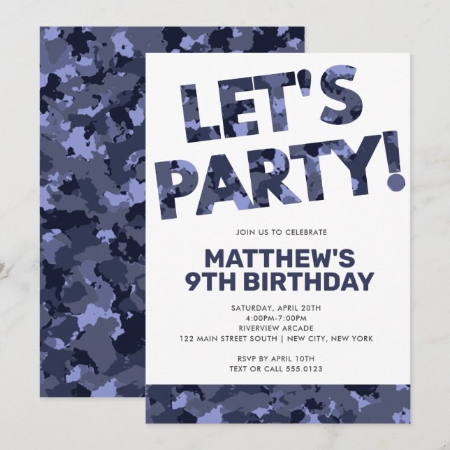 Camouflage Birthday, Let's Party Blue Camo Invitation (Front/Back)