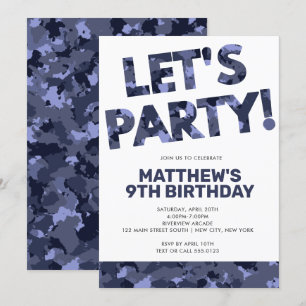 Camouflage Birthday, Let's Party Blue Camo Invitation