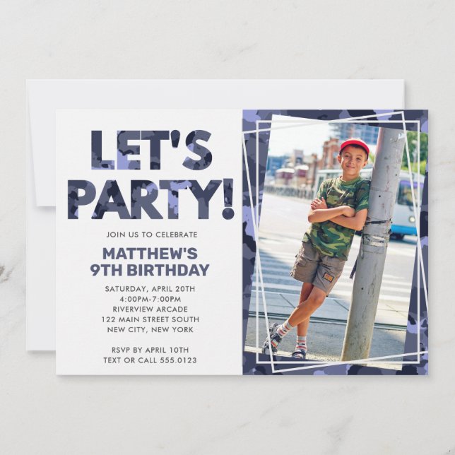 Camouflage Birthday, Let's Party Blue Camo Photo Invitation (Front)