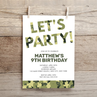 Camouflage Birthday, Let's Party Green Camo Invitation