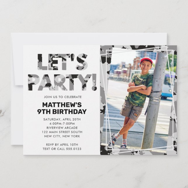Camouflage Birthday, Let's Party Grey Camo Photo Invitation (Front)