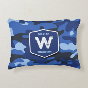 Camouflage Blue Camo Army Pattern Monogram   Decorative Cushion