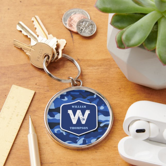 Camouflage Blue Camo Army Pattern Monogram Key Ring (Desk)