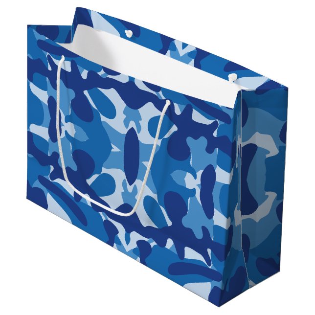 Camouflage Blue Camo Army Pattern Monogram Large Gift Bag (Front Angled)