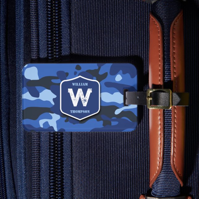 Camouflage Blue Camo Army Pattern Monogram  Luggage Tag (Front Insitu 4)