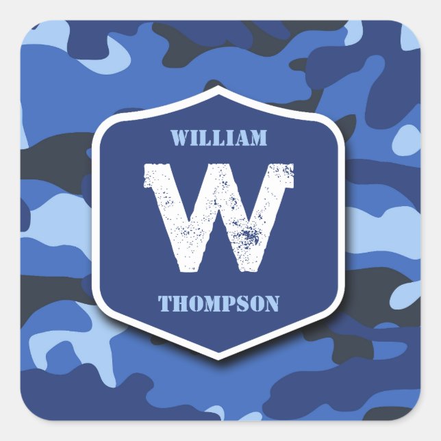 Camouflage Blue Camo Army Pattern Monogram Square Sticker (Front)