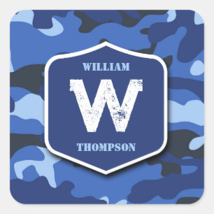 Camouflage Blue Camo Army Pattern Monogram Square Sticker