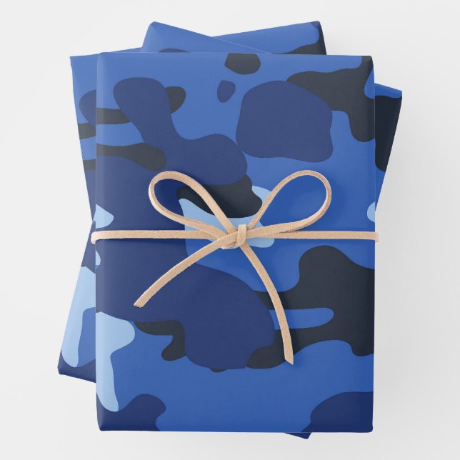 Camouflage Blue Camo Army Pattern Wrapping Paper Sheet (In situ)