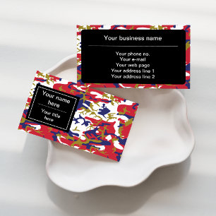 Camouflage, Blue White Red Gold, Military, Army Business Card