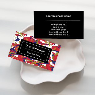 Camouflage, Blue White Red Gold, Military, Army Business Card