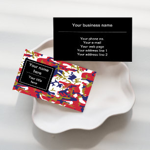 Camouflage, Blue White Red Gold, Military, Army Business Card