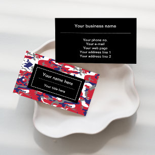 Camouflage, Blue White Red Grey, Military, Army Business Card