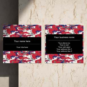 Camouflage, Blue White Red Grey, Military, Army Square Business Card