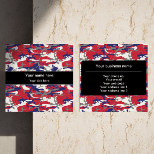 Camouflage, Blue White Red Grey, Military, Army Square Business Card