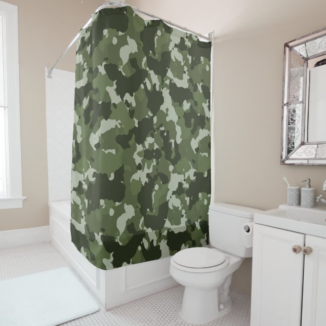 Camouflage Camo Green Army Woodland Shower Curtain (In Situ)