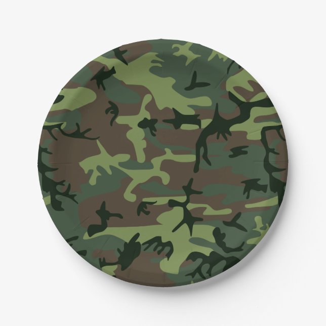 Camouflage Camo Green Brown Pattern Paper Plate (Front)