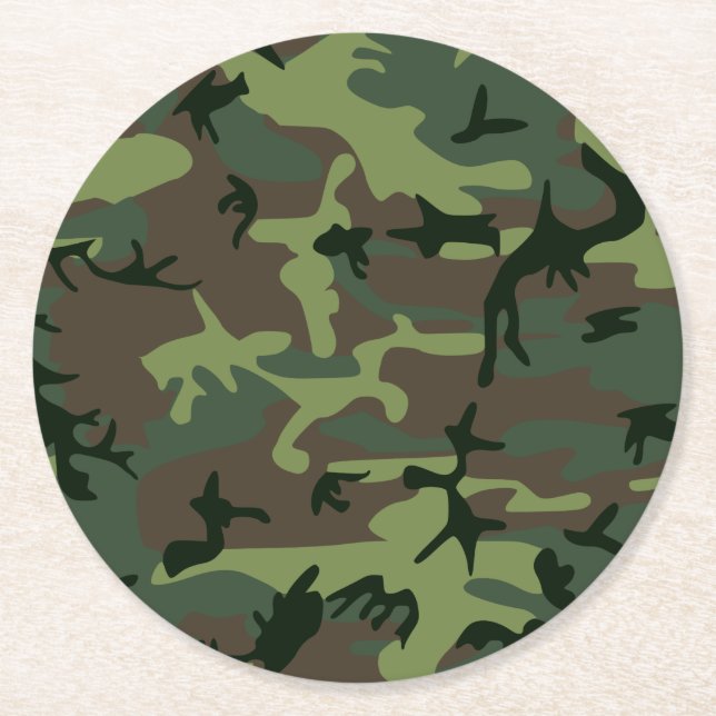 Camouflage Camo Green Brown Pattern Round Paper Coaster (Front)